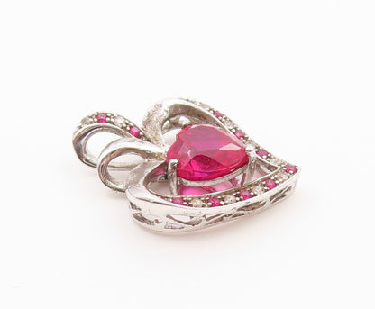925 Sterling Silver  Vintage Pink & White Topaz Love Heart Pendant  PT16545