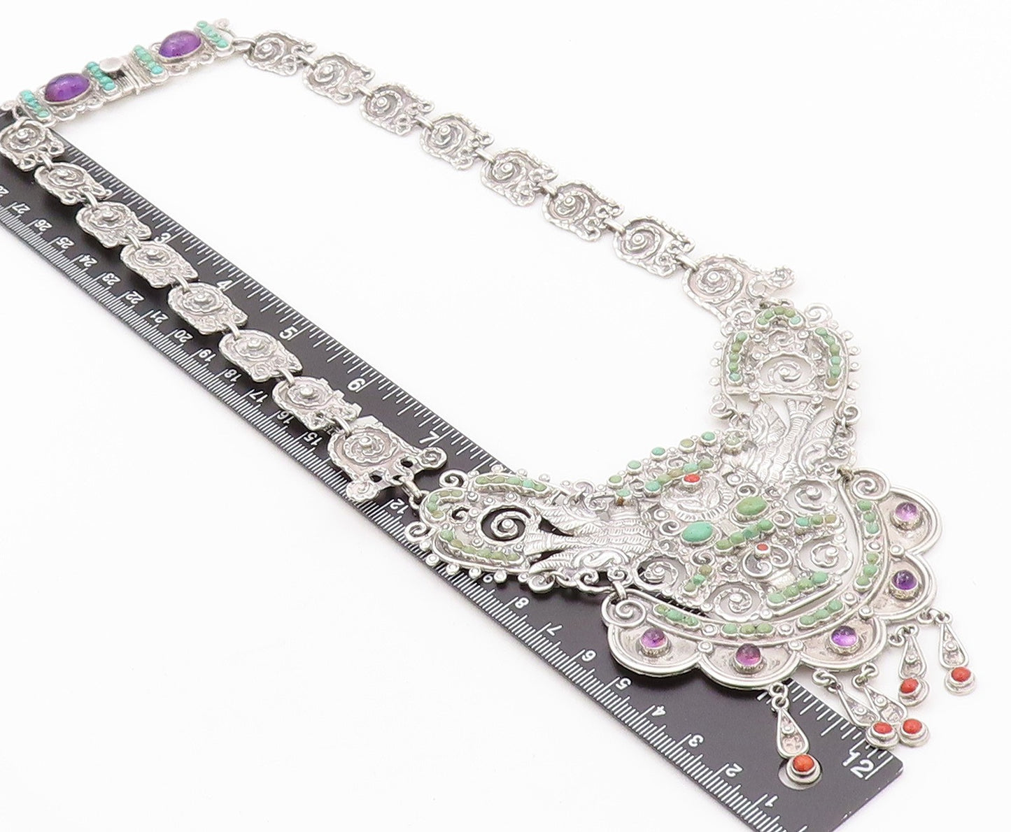 925 Sterling Silver Vintage Necklace MEXICO Real Multi Gemstones Royal  NE4487