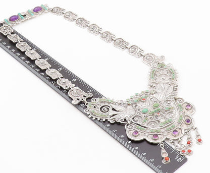 925 Sterling Silver Vintage Necklace MEXICO Real Multi Gemstones Royal  NE4487