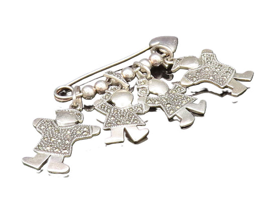 925 Silver  Vintage Marcasite Children Bead Ball Love Heart Safety Pin  TR3354