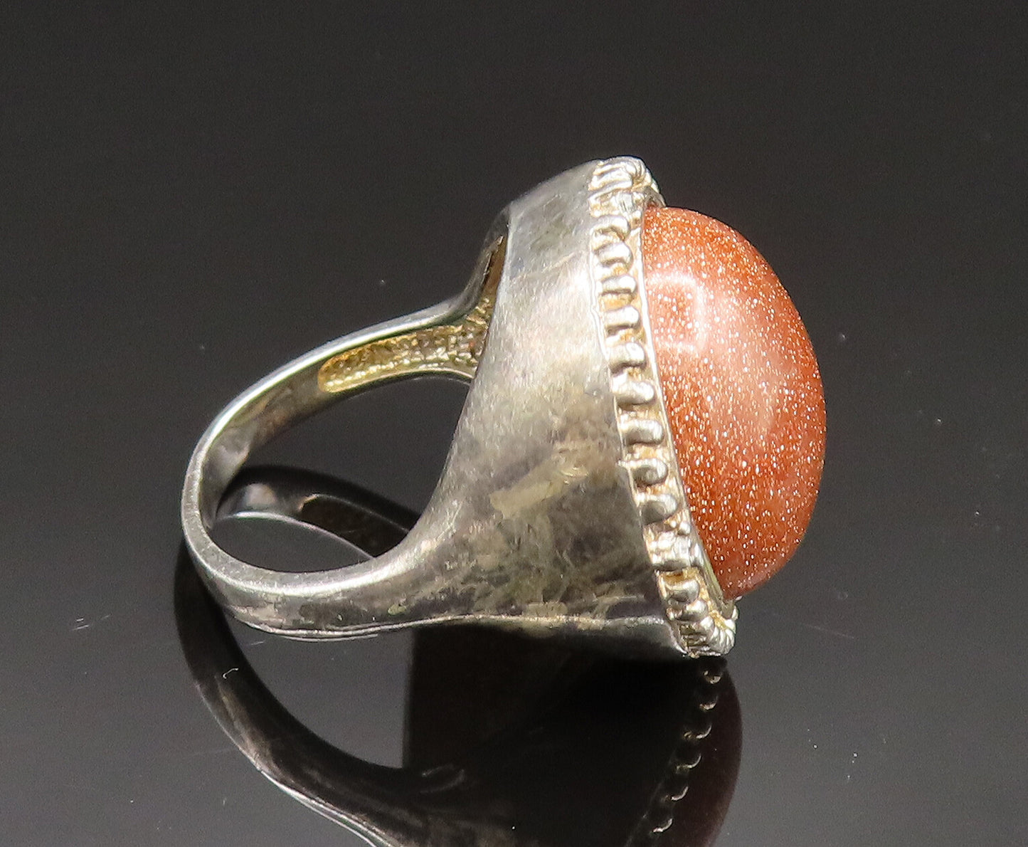 925 Silver  Vintage Beaded Border Cabochon Drusy & Topaz Ring Sz 7  RG24857