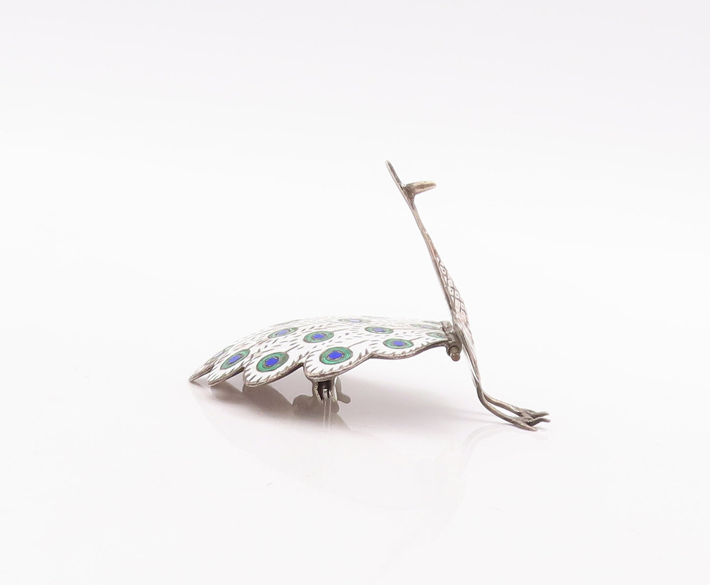 925 Sterling Silver Vintage Brooch Pin SIAM Enameled Peacock Moves  BP10962