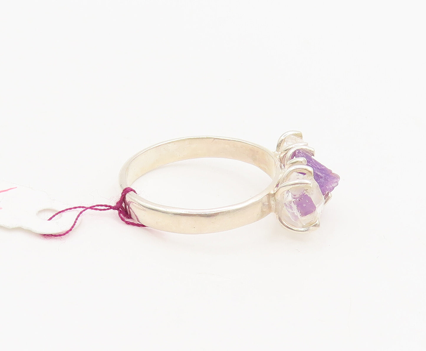 925 Silver  Vintage Three Stone Purple & White Rough Quartz Ring Sz 9  RG26968