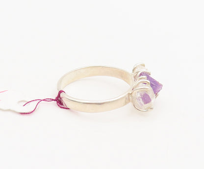 925 Silver  Vintage Three Stone Purple & White Rough Quartz Ring Sz 9  RG26968