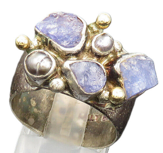 LILLY BARRACK 925 Silver & 14K GOLD  Vintage Tanzanite Band Ring Sz 8  RG20013