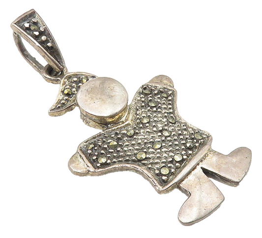 925 Sterling Silver  Vintage Marcasite Dark Tone Figure Drop Pendant  PT8284