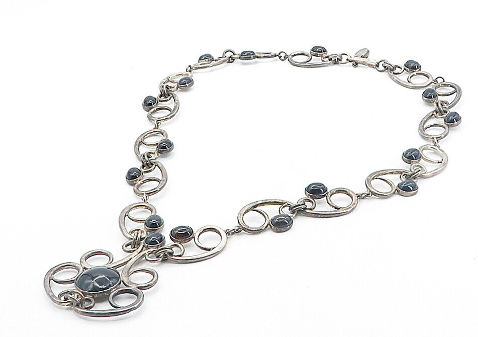ISRAEL 925 Sterling Silver Vintage Black Onyx Swirl Chain Necklace  NE1416