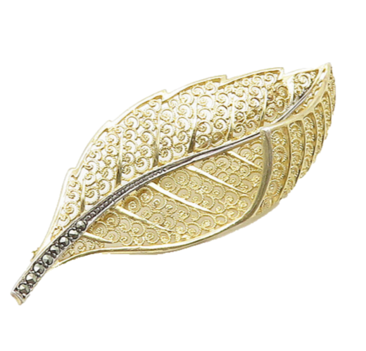 GERMANY 925 Sterling Silver Vintage Gold Plated Floral Leaf Brooch Pin  BP7348
