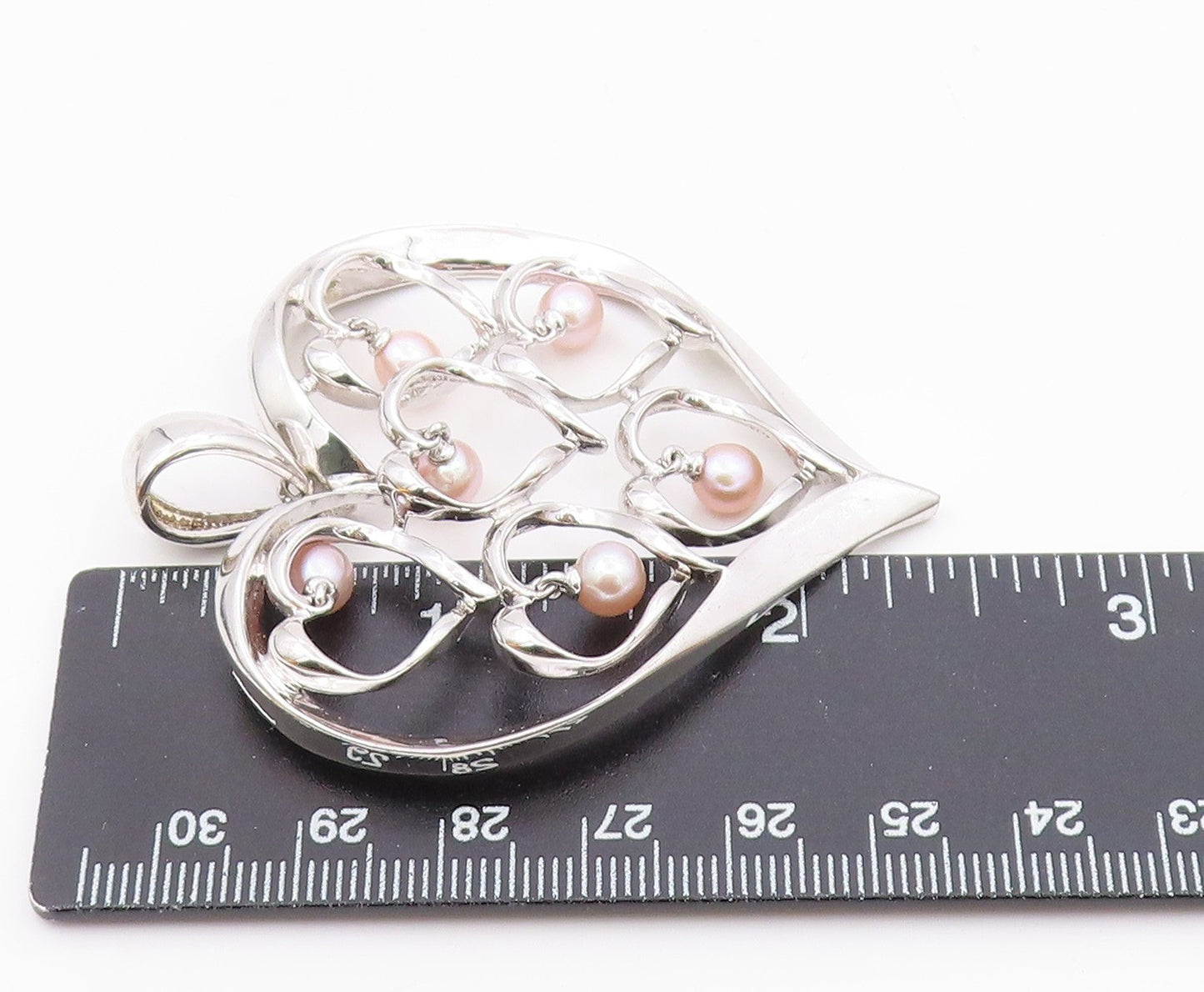 925 Sterling Silver  Dangling Pink Pearls Open Love Hearts Pendant  PT7919