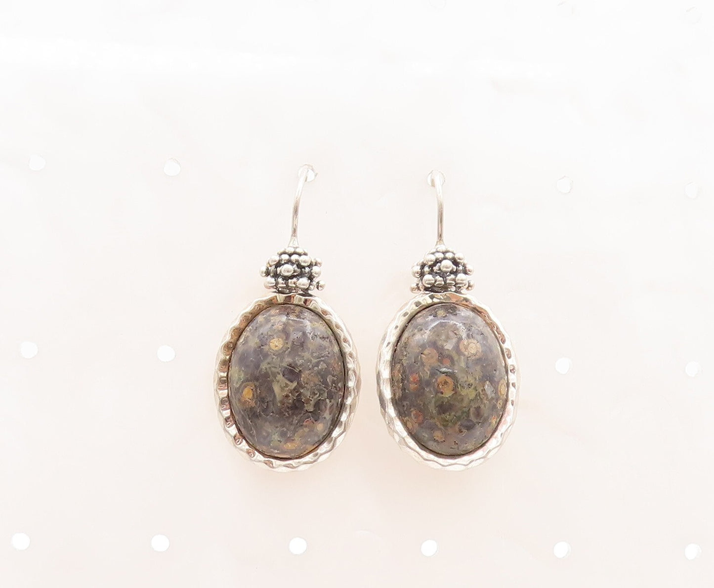 925 Sterling Silver Vintage Earrings Beaded Top Oval Fossil Agate  EG13113