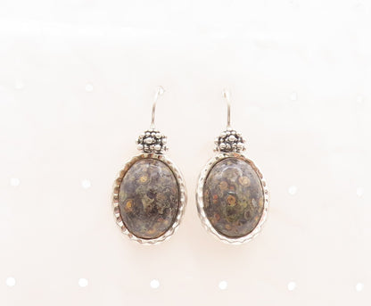 925 Sterling Silver Vintage Earrings Beaded Top Oval Fossil Agate  EG13113