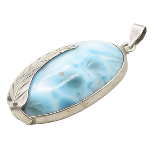 925 Sterling Silver  Vintage Cabochon Cut Larimar Floral Leaf Pendant  PT14153