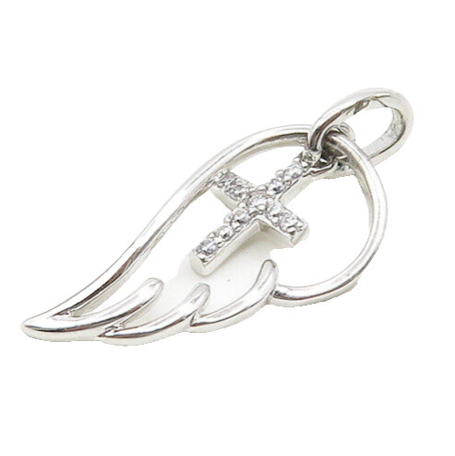 925 Sterling Silver  Topaz Religious Cross Angel Wing Motif Pendant  PT14668