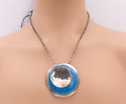 925 Sterling Silver Vintage Necklace RLM Designer Blue Enameled Disk  NE4505