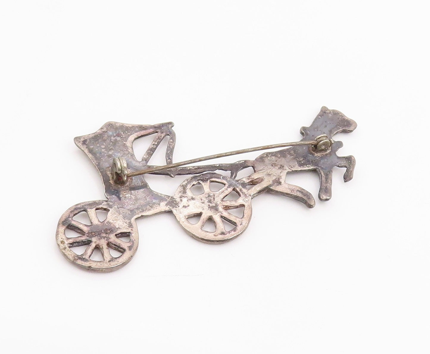 925 Sterling Silver Vintage Brooch Pin Classic Horse Carriage Figural  BP12478