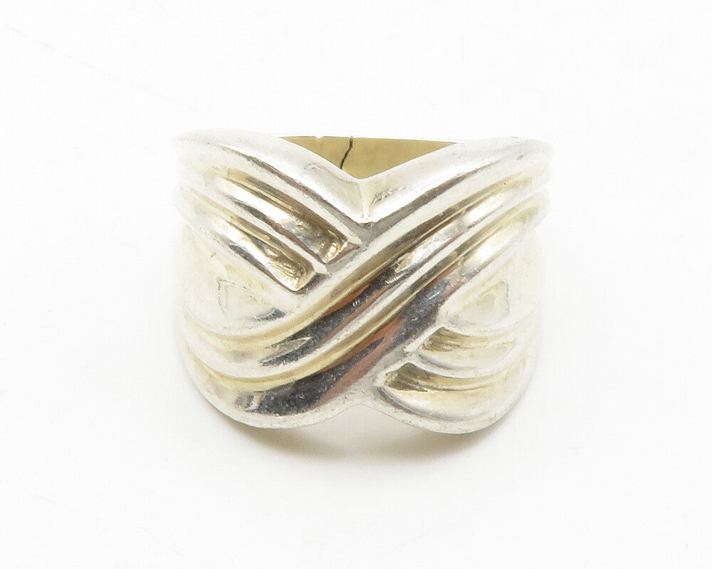 925 Sterling Silver  Vintage Shiny Fluted Crossover Band Ring Sz 8  RG13712