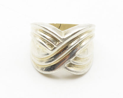 925 Sterling Silver  Vintage Shiny Fluted Crossover Band Ring Sz 8  RG13712