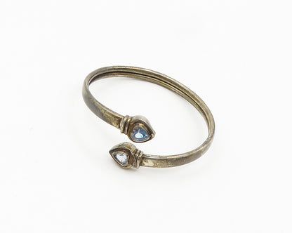 925 Sterling Silver  Vintage Blue Topaz Hearts Bypass Cuff Bracelet  BT7631