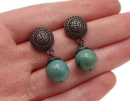 925 Silver  Vintage Beaded Turquoise Dark Tone Stud Drop Earrings  EG1942