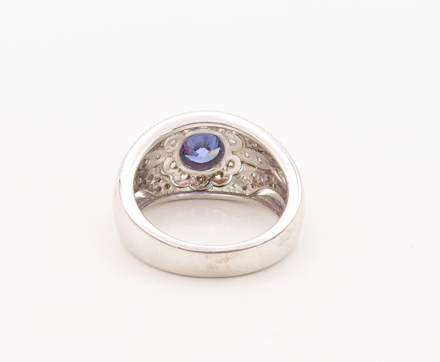 925 Sterling Silver Vintage Ring Floral Carved Blue & White CZ  Sz 7  RG29547