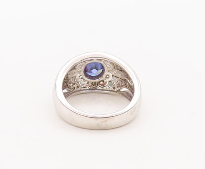 925 Sterling Silver Vintage Ring Floral Carved Blue & White CZ  Sz 7  RG29547