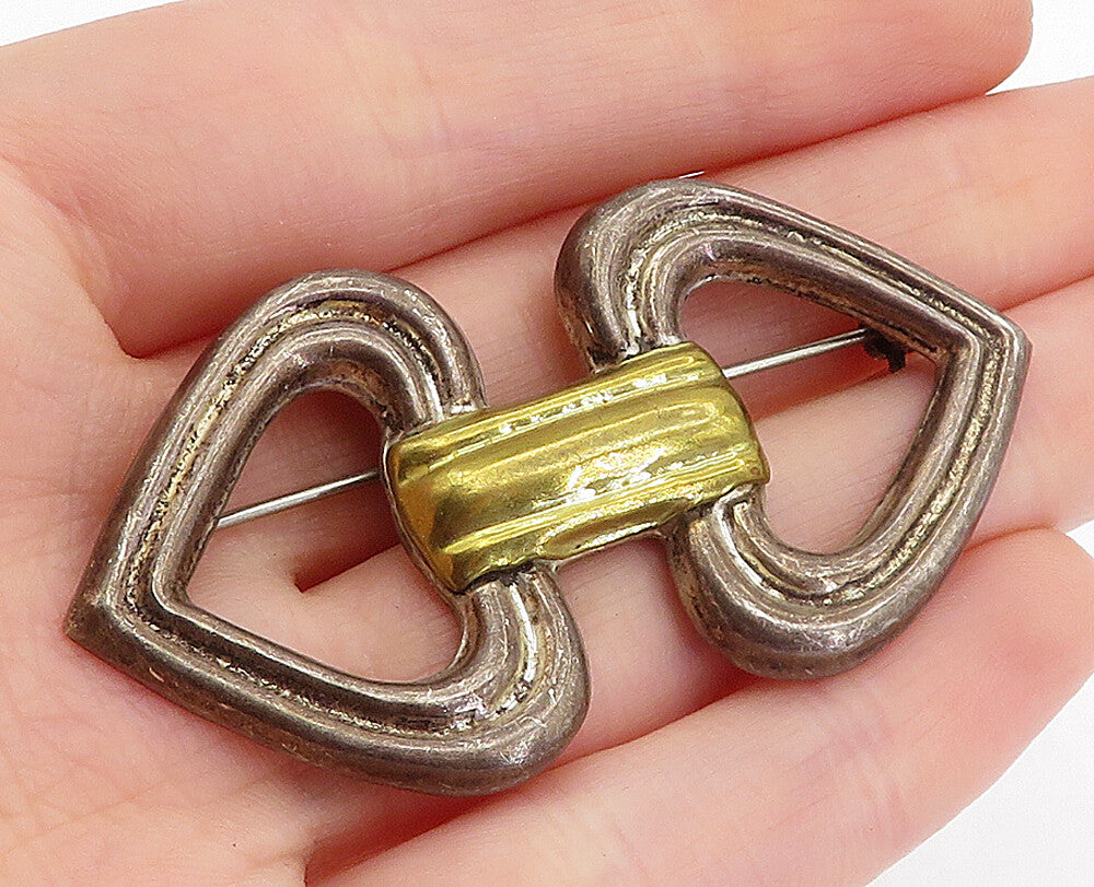 MEXICO 925 Sterling Silver  Vintage Two Tone Love Hearts Brooch Pin  BP1465