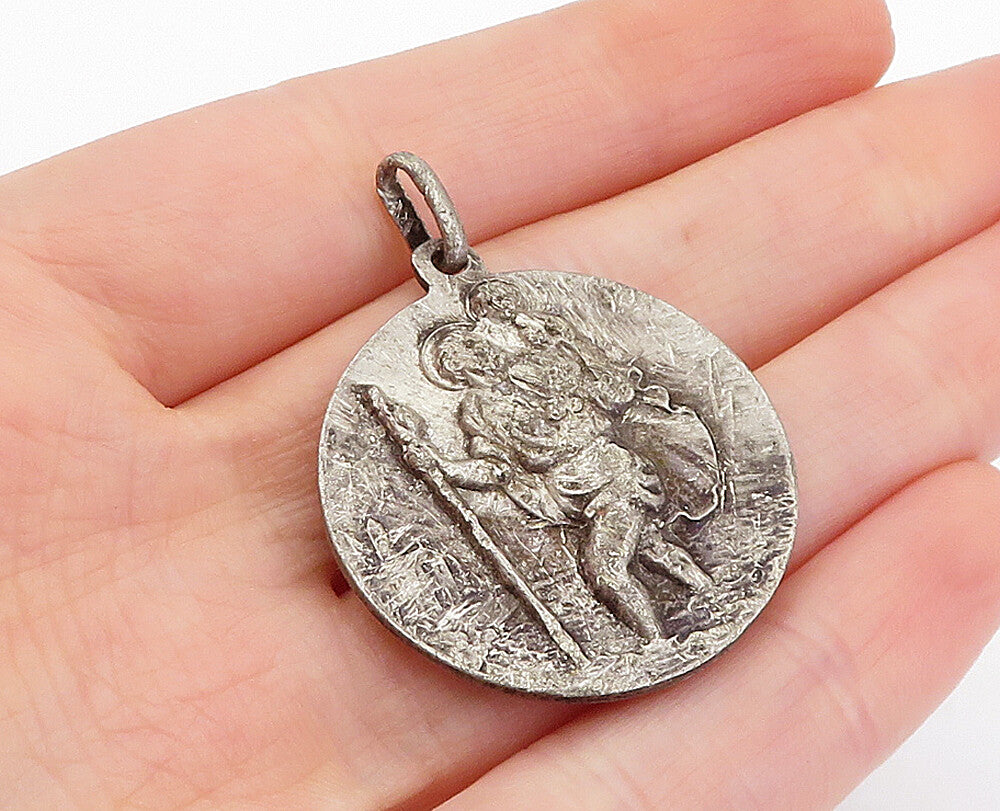 925 Sterling Silver  Vintage Antique Oxidized Saint Christopher Pendant PT3074