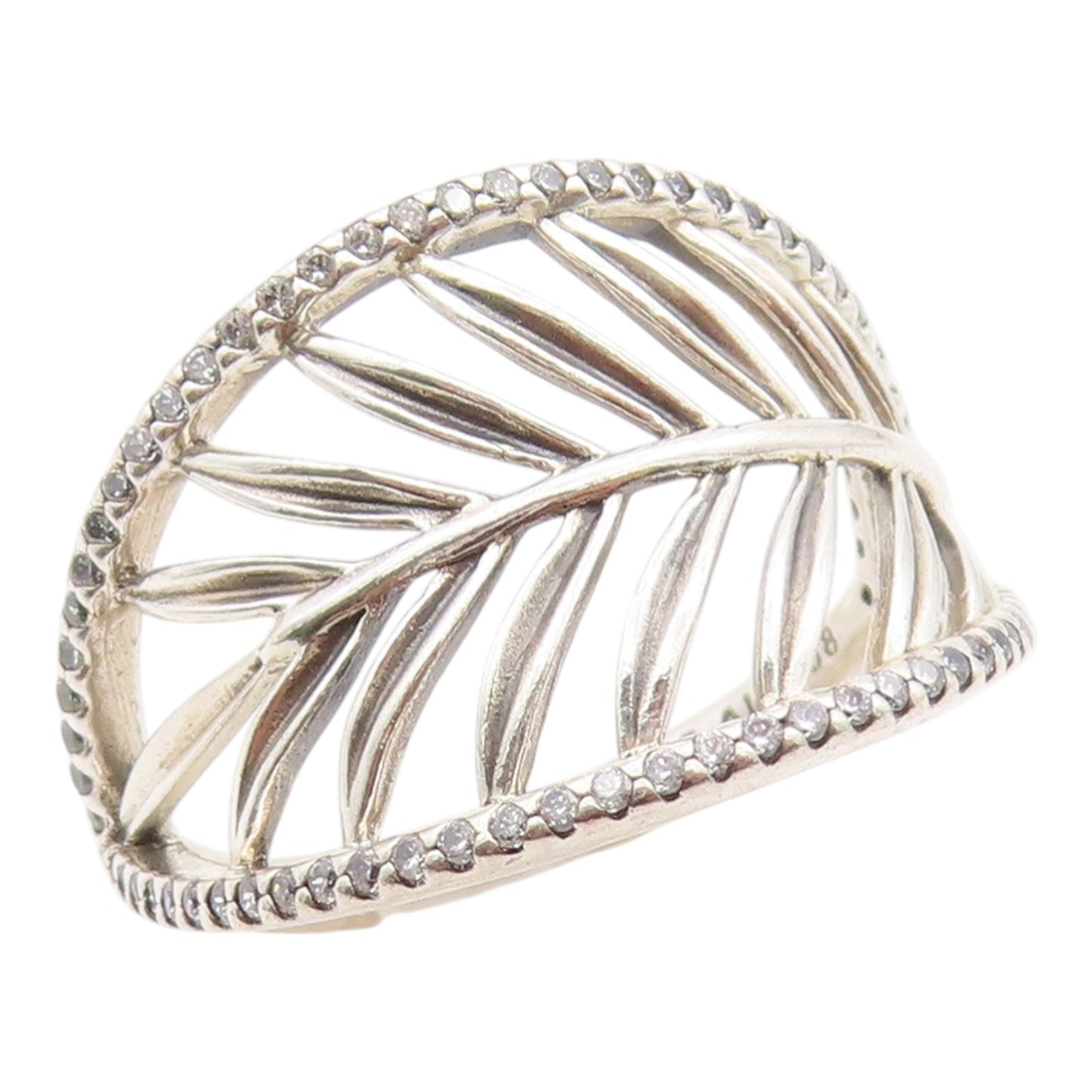 925 Sterling Silver Vintage Ring PANDORA CZ Tropical Palm Leaf  Sz 8.5  RG36280