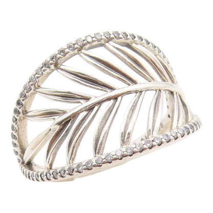 925 Sterling Silver Vintage Ring PANDORA CZ Tropical Palm Leaf  Sz 8.5  RG36280