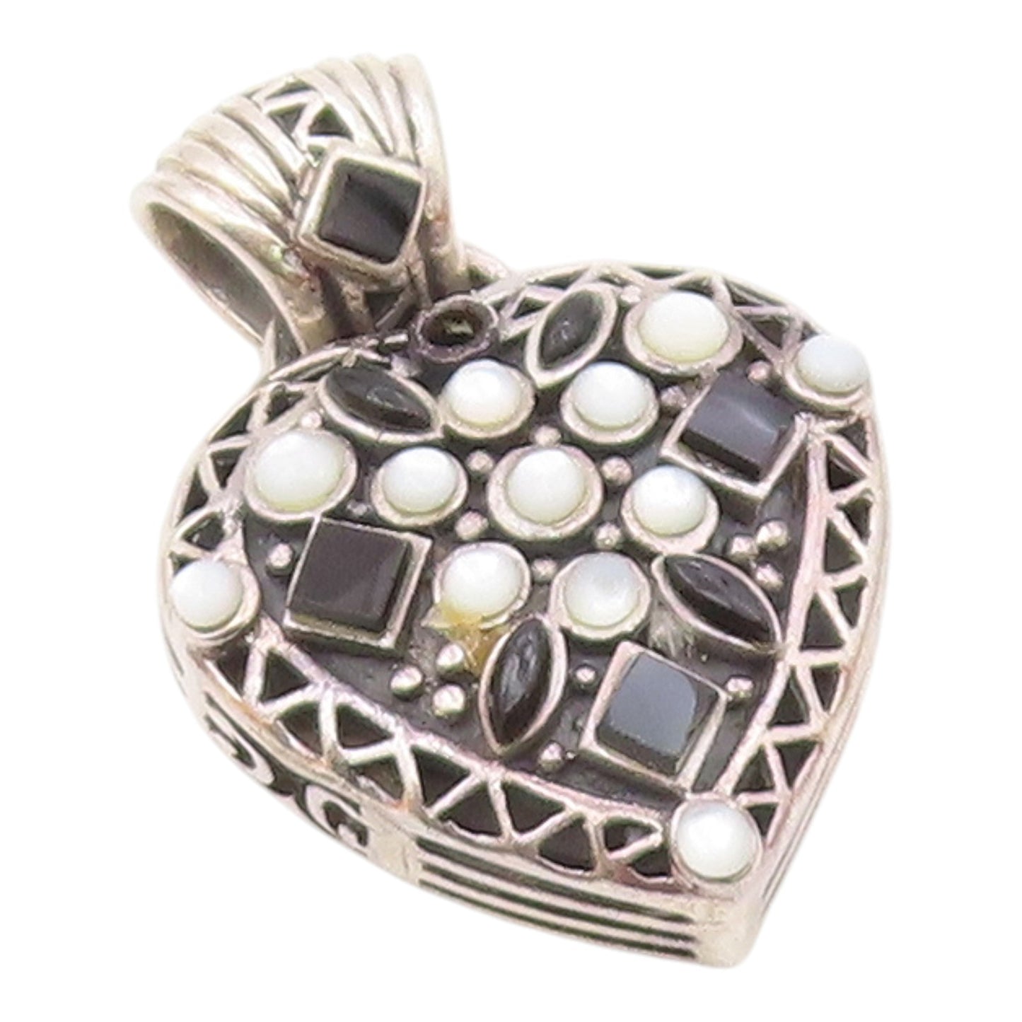 925 Silver  Vintage Mother Of Pearl & Black Onyx Love Heart Pendant  PT17930