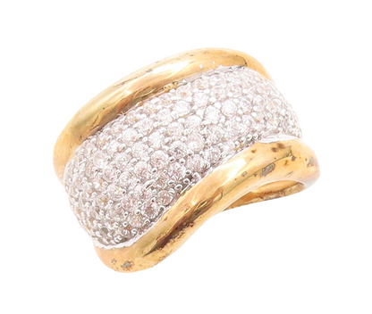 925 Sterling Silver Vintage Ring Gold Plated Bordered CZ Wave Inlay Sz 8 RG30097