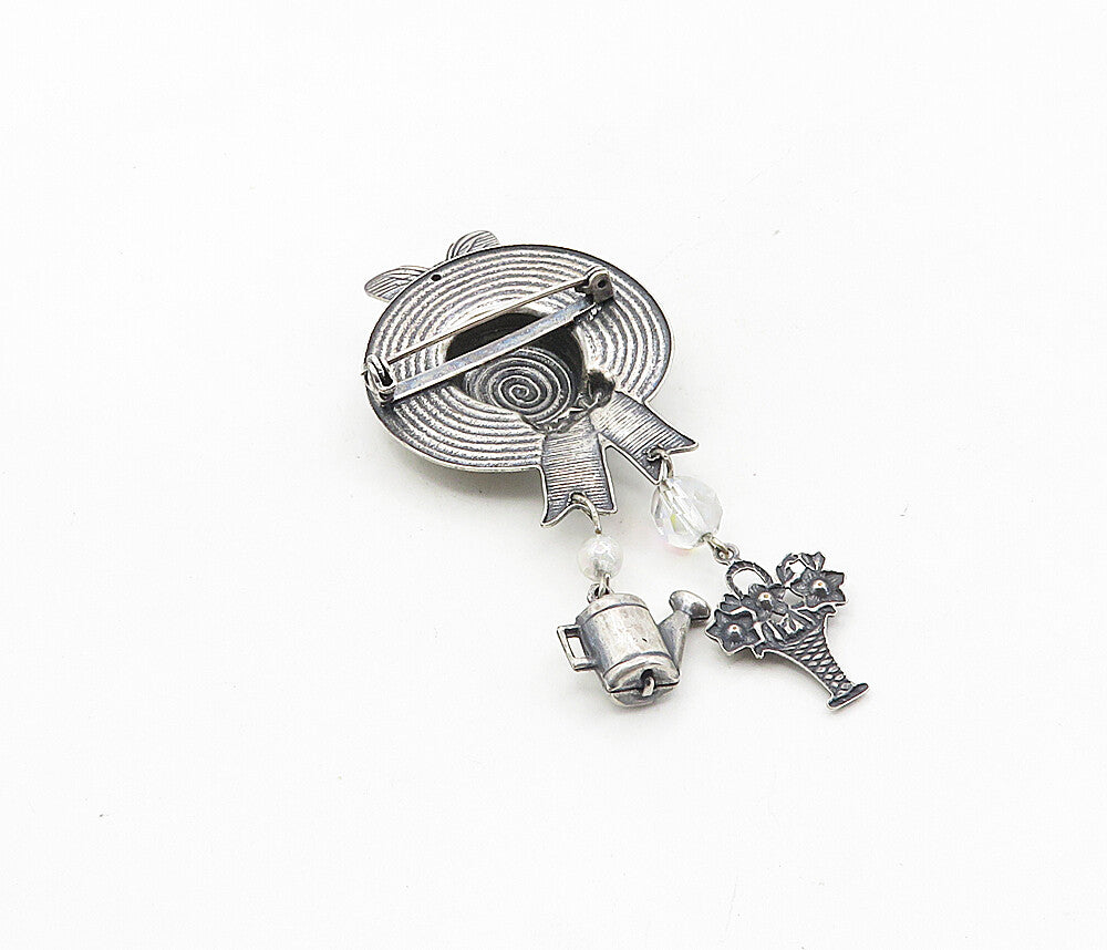 925 Silver  Vintage Rainbow Quartz & Petite Pearls Hat Brooch Pin  BP3226