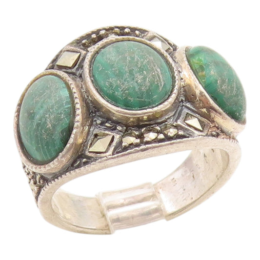 925 Sterling Silver Vintage Ring Classic Malachite & Marcasite Band Sz 9 RG35878