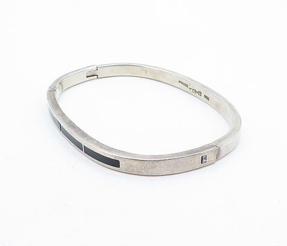 MEXICO 925 Sterling Silver Vintage Inlaid Black Onyx Oval Bangle Bracelet BT2021