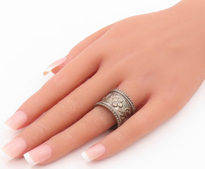925 Sterling Silver Vintage Ring Dark Tone Broad Floral Carved  Sz 10  RG31797