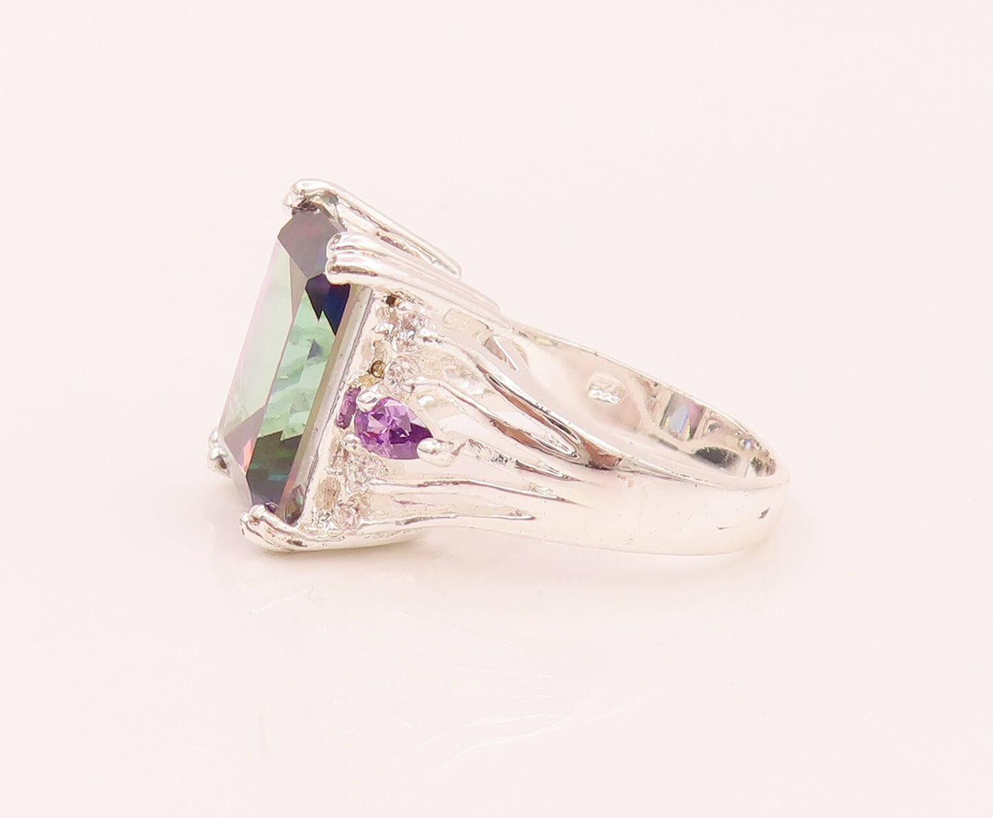 925 Silver  Vintage Rectangular Mystic Topaz Amethyst & CZ Ring Sz 10  RG26566