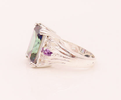 925 Silver  Vintage Rectangular Mystic Topaz Amethyst & CZ Ring Sz 10  RG26566