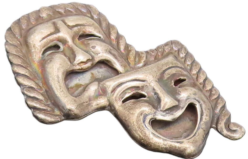 TAXCO 925  Silver  Vintage Carved Happy & Sad Mime Face Brooch Pin  BP10500