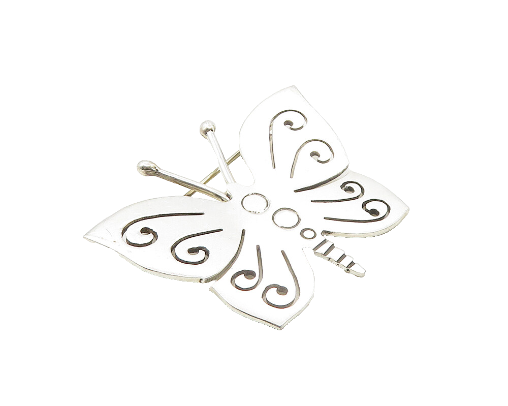 925 Sterling Silver  Vintage Shiny Swirl Butterfly Motif Brooch Pin  BP3679