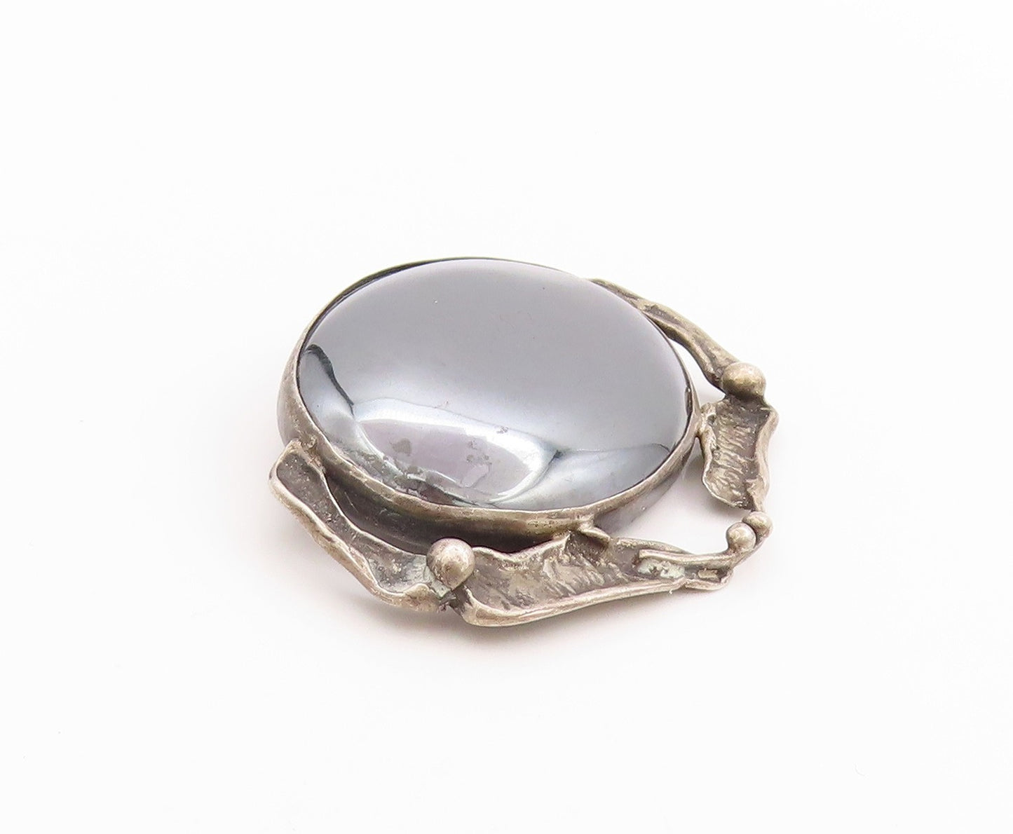 925 Sterling Silver Vintage Brooch Cabochon Hematite Pewter Dish Design  BP11850