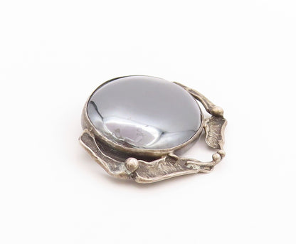 925 Sterling Silver Vintage Brooch Cabochon Hematite Pewter Dish Design  BP11850