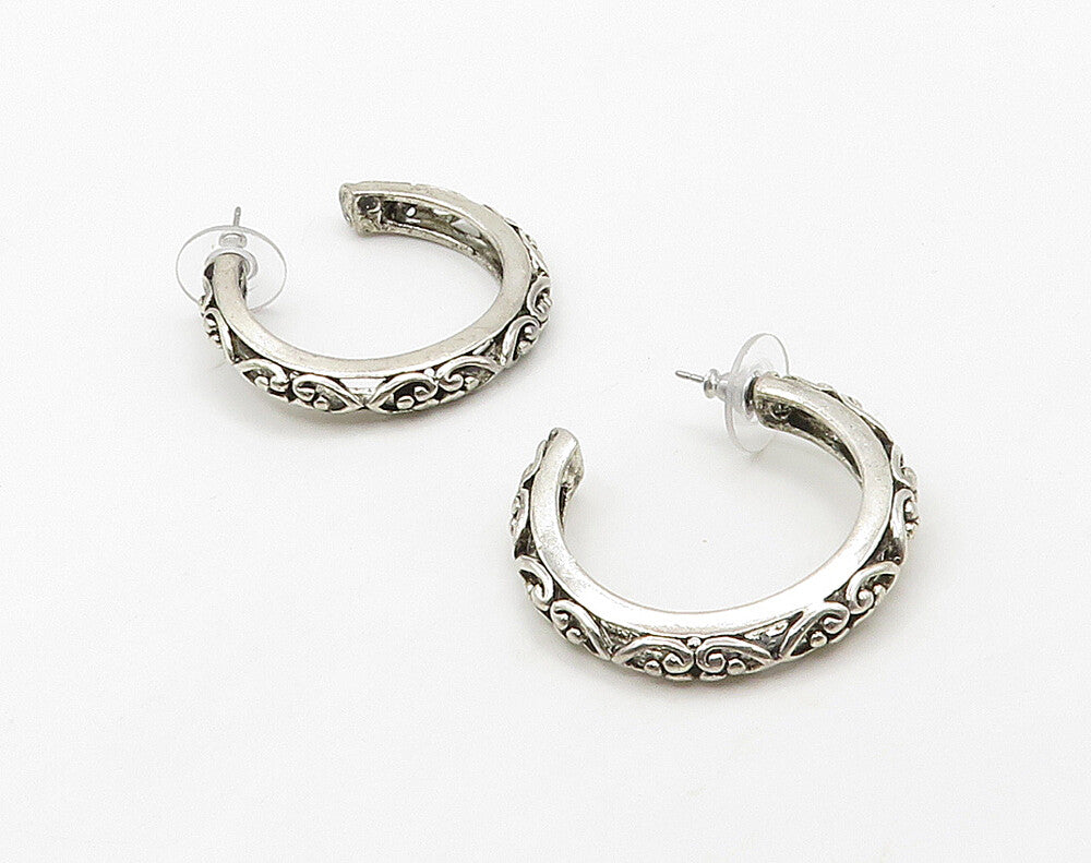925 Sterling Silver  Vintage Shiny Love Heart Pattern JHoop Earrings  EG8265