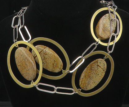 PAOLA VALENTINI 925 Silver  Vintage Jasper Two Tone Chain Necklace  NE2896
