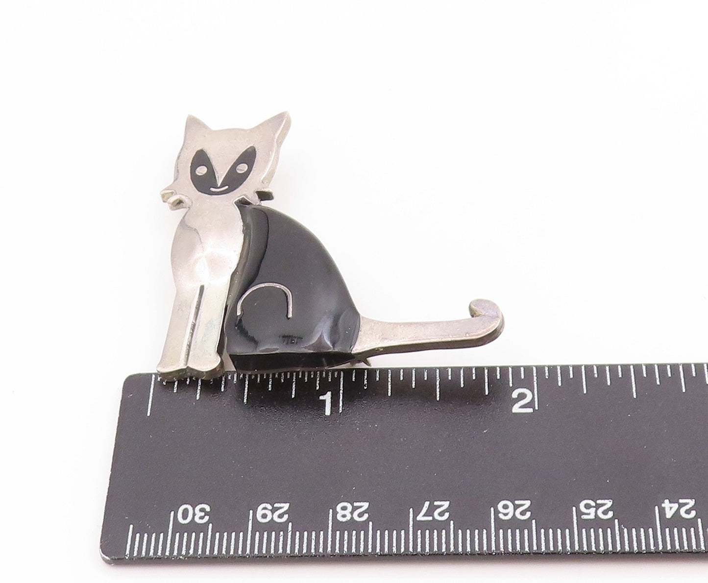 925 Sterling Silver Vintage Brooch Pin MEXICO Onyx Modernist Walking Cat BP12263