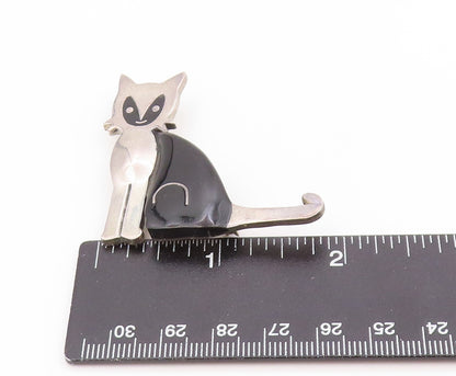 925 Sterling Silver Vintage Brooch Pin MEXICO Onyx Modernist Walking Cat BP12263