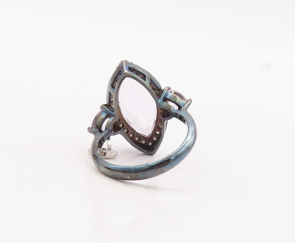 925 Sterling Silver Vintage Ring Marquise Amethyst Halo Diamonds  Sz 8  RG29816