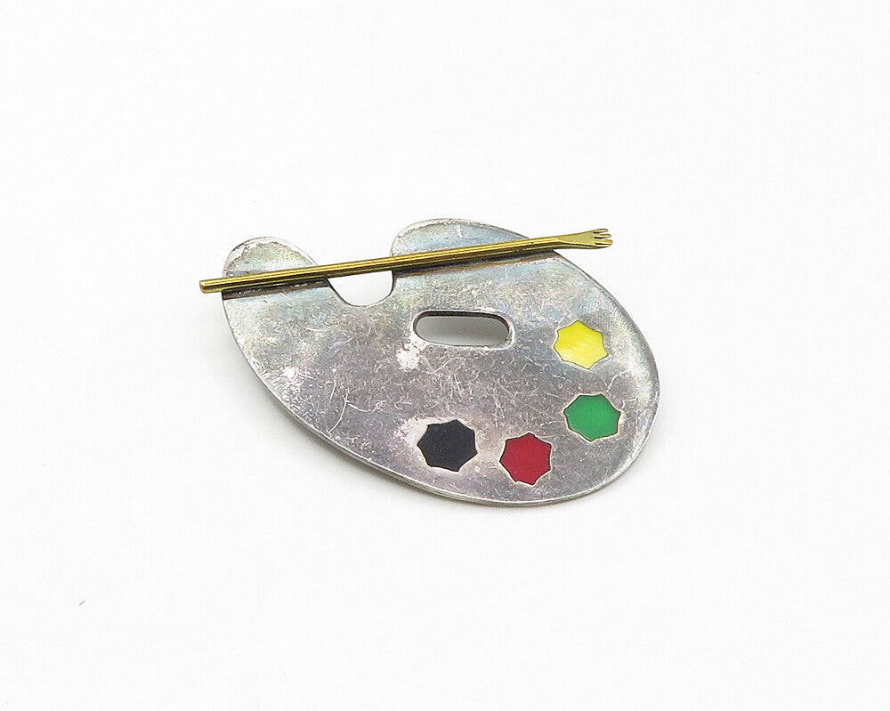 MEXICO 925 Silver  Vintage Enamel Painter's Palette Art Brooch Pin  BP6905