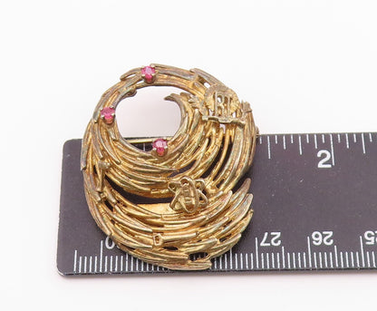 925 Sterling Silver  Vintage Ruby Shiny Sculpted Design Brooch Pin  BP6872