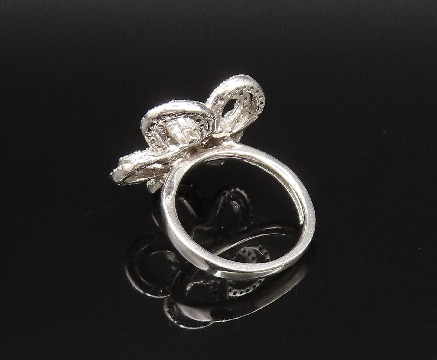 925 Sterling Silver  Vintage Openwork Cubic Zirconia Flower Ring Sz 6  RG25748