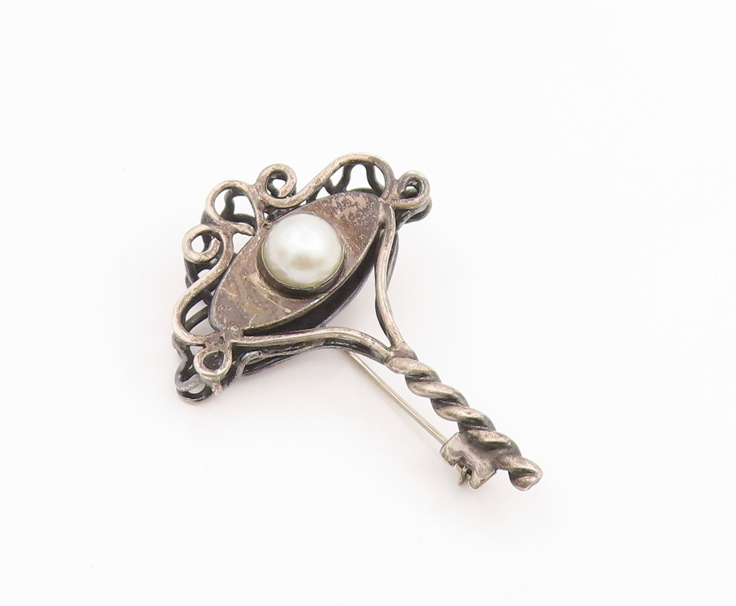 925 Sterling Silver Vintage Brooch Pin Round Pearl Elegant Scroll Key  BP12360